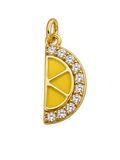 Gold pendant shaped like a lemon slice with embedded diamonds on a white background