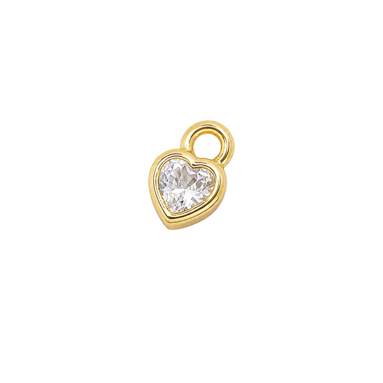 Gold heart-shaped pendant with a clear gemstone on a white background